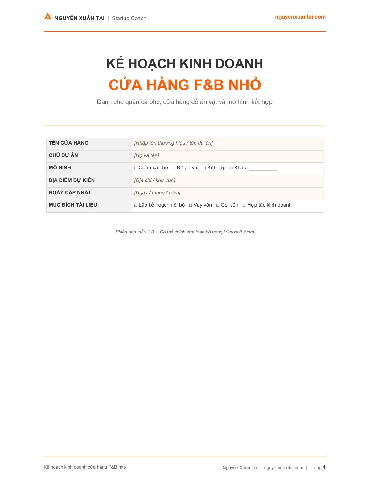 Business Plan Template - Cửa Hàng F&B Nhỏ: Hướng Dẫn Sử Dụng
