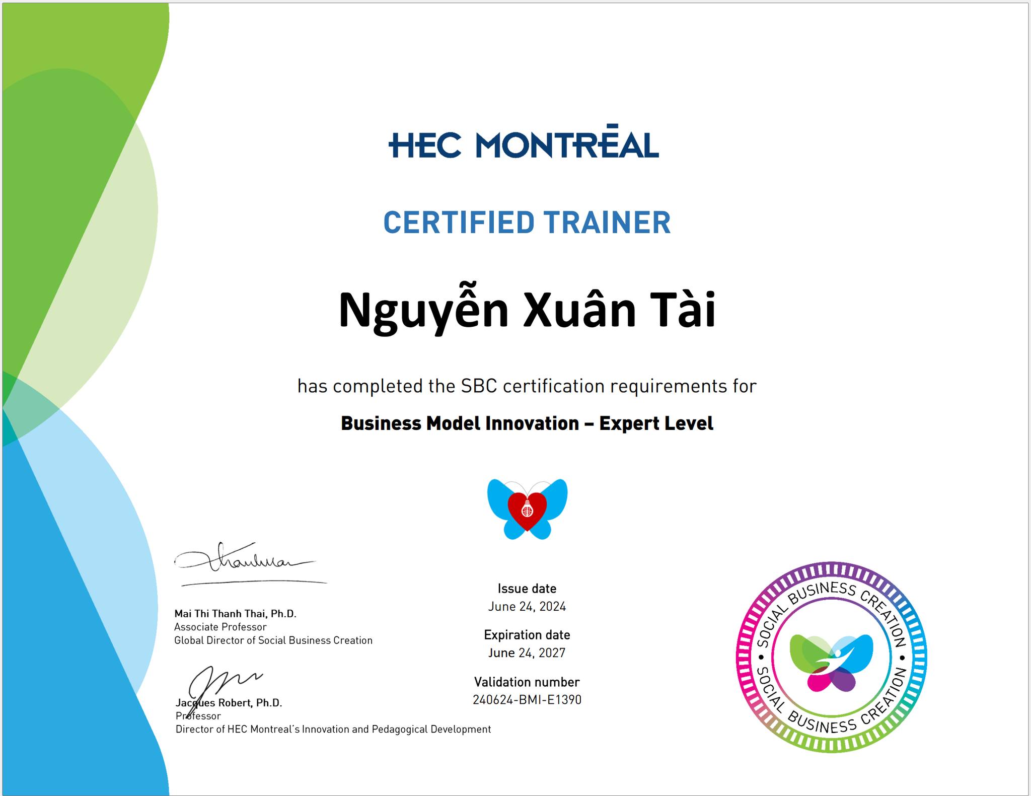 Chứng nhận Certified Trainer Business Model Innovation – Expert Level do HEC Montréal cấp cho Nguyễn Xuân Tài