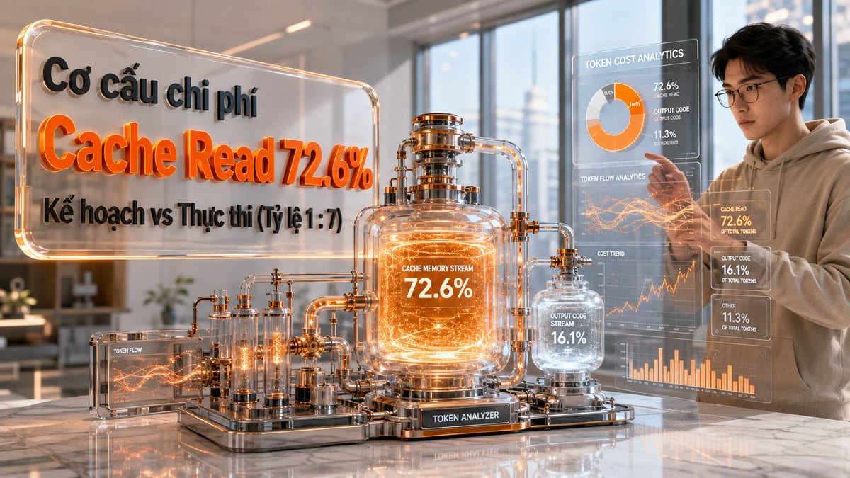 Cơ cấu chi phí: 72,6% hóa đơn là Cache Read và tỷ lệ kế hoạch vs thực thi 1 : 7