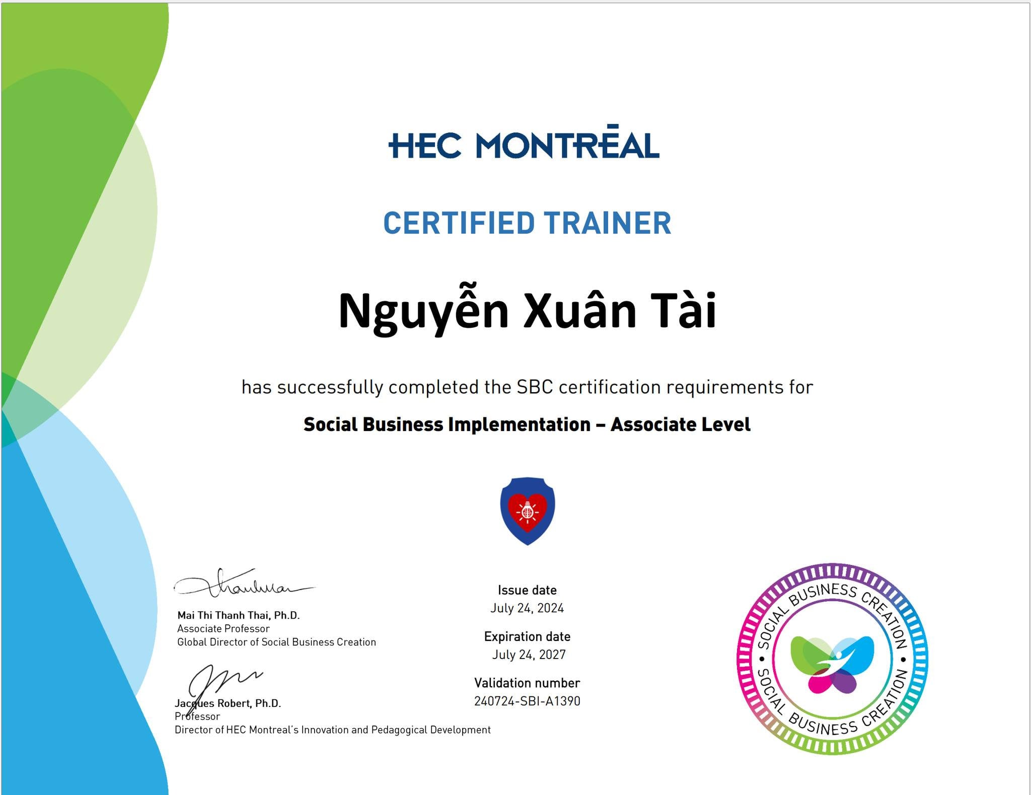 Chứng nhận Certified Trainer Social Business Implementation – Associate Level do HEC Montréal cấp cho Nguyễn Xuân Tài